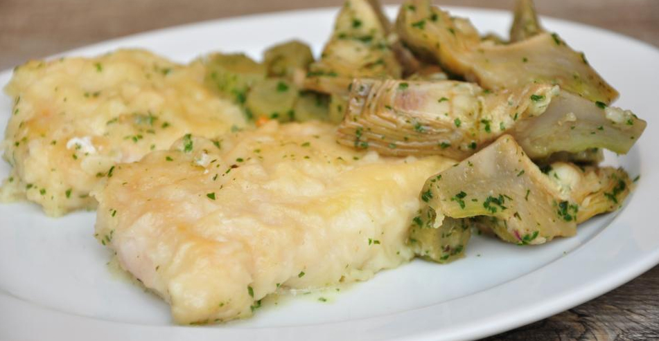 baccala in fricassea di carciofi e olive nere